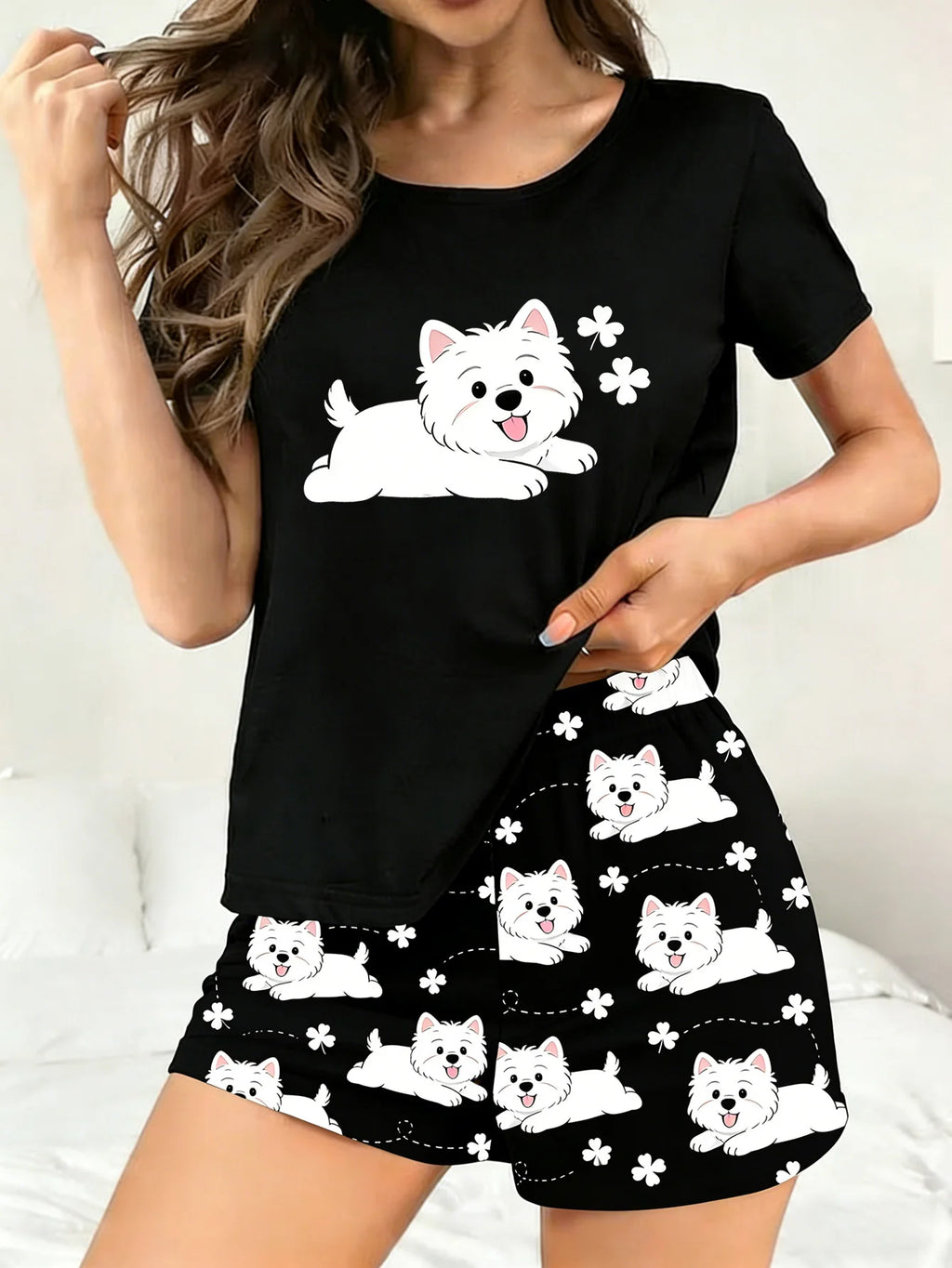 Women's black dog print short-sleeved pajamas set