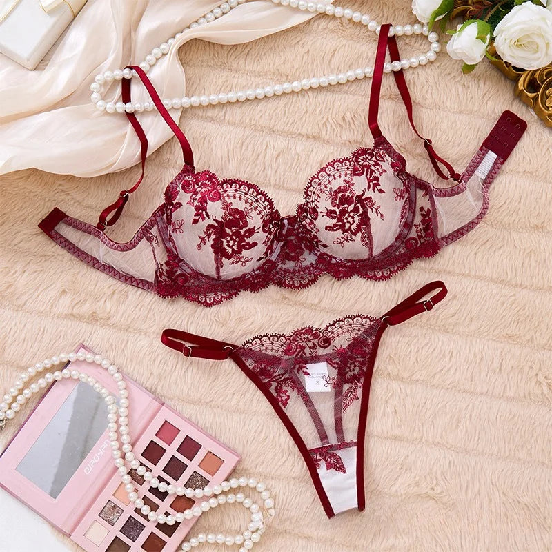 Sexy Lace Floral Bra Set Women Ultra Thin 2 Piece French Bralette Panty Set Transparent Embroidery Lingerie See Through