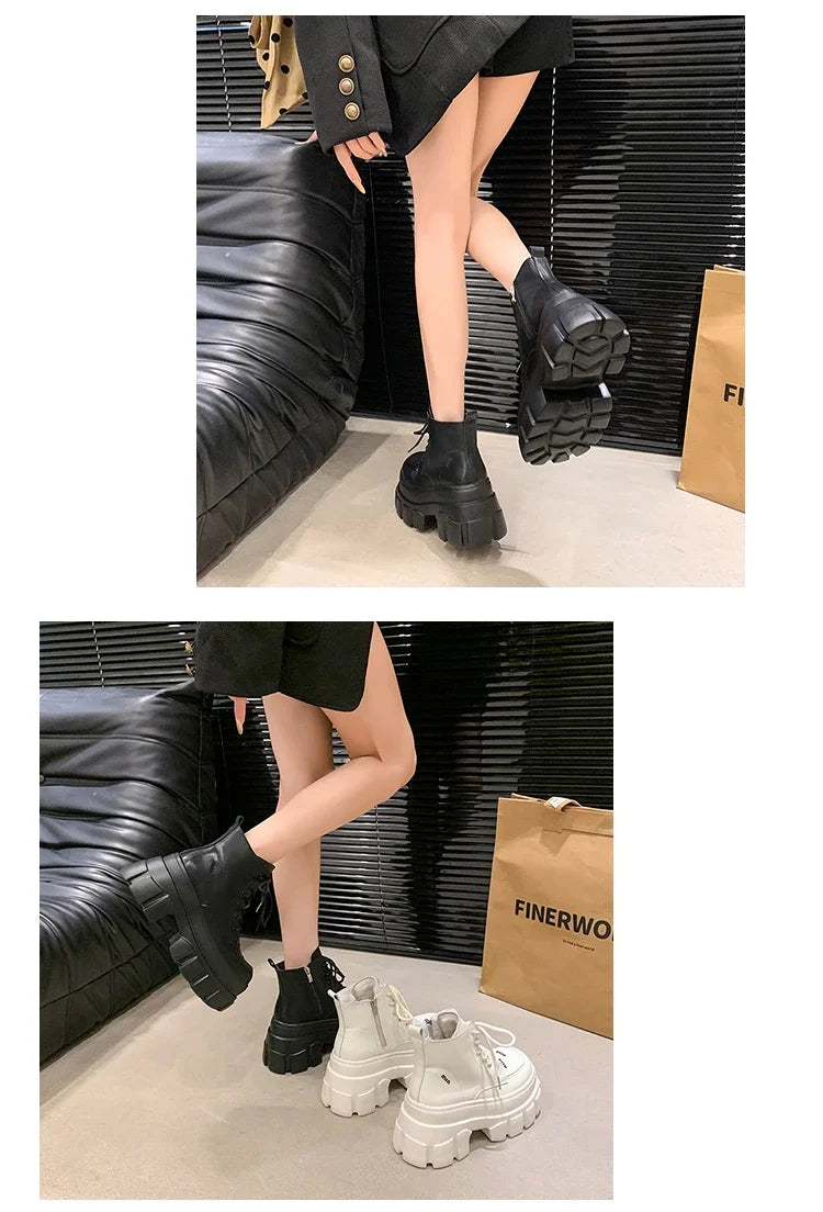 9CM Autumn High Platform Leather Boots Wedge Heels Ankle Boots Winter Women Lace-up Warm Shoes Motorcycle Chunky Sneakers Woman