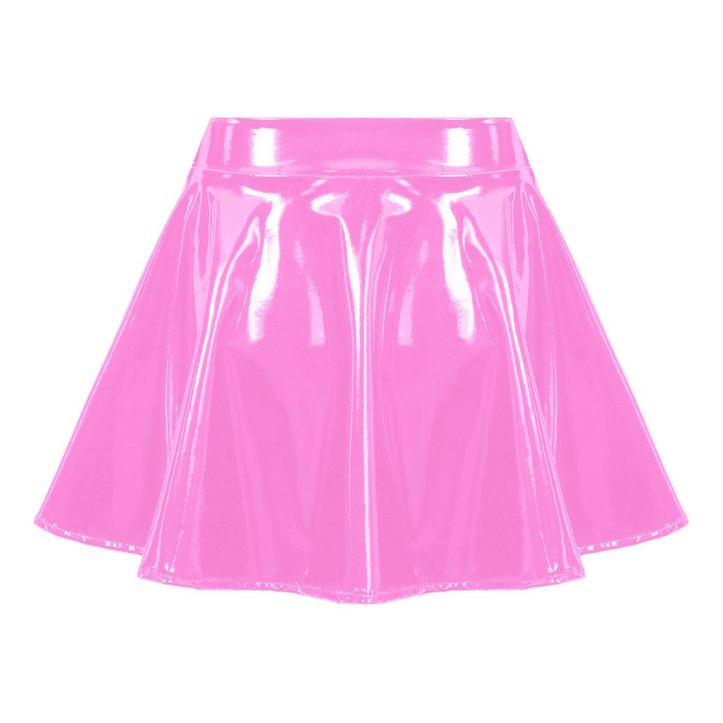 Sexy Women Wetlook PVC Leather Ruffled Skirts Party Low Waist Built-in Thongs Mini Skirt with Garter Belts Metal Clips Set Club
