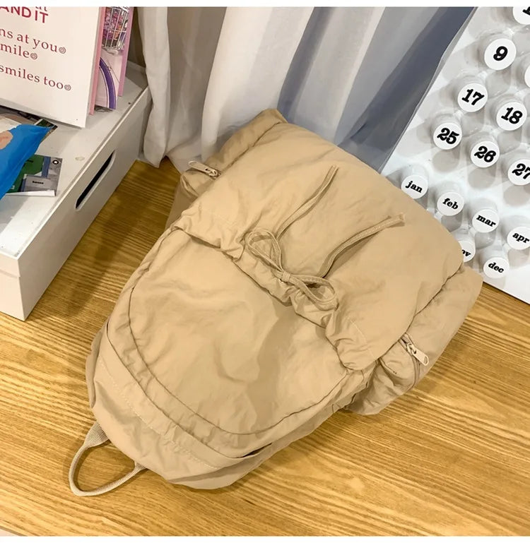 Japanese Style Student Backpack Solid Color Bow Travel School Bag Lightweight and Fashionable Women's Backpack New Simple Casual