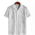 Summer Fashion Men's Lace Hollow Out Shirts Solid Breathable Casual Short-sleeved Cardigan Sexy See Through Mesh Blouse for Male