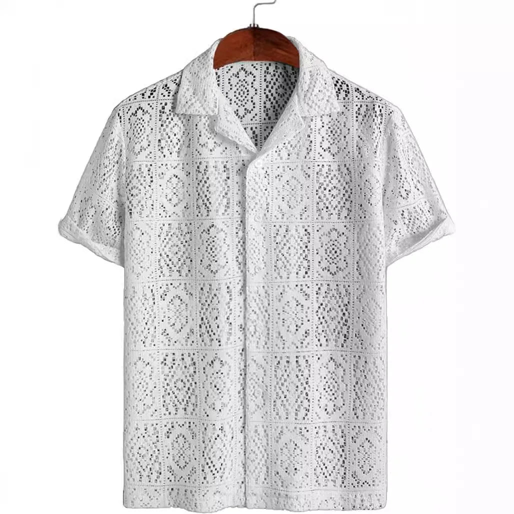 Summer Fashion Men's Lace Hollow Out Shirts Solid Breathable Casual Short-sleeved Cardigan Sexy See Through Mesh Blouse for Male