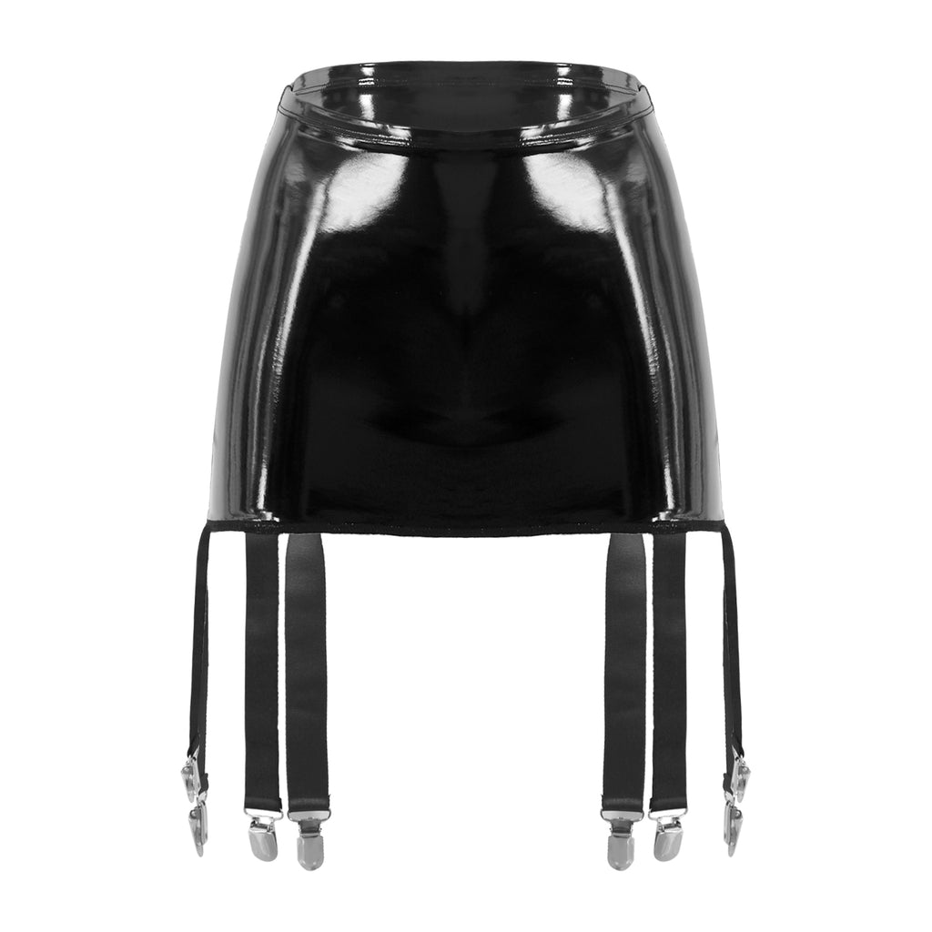Sexy Women Wetlook PVC Leather Ruffled Skirts Party Low Waist Built-in Thongs Mini Skirt with Garter Belts Metal Clips Set Club