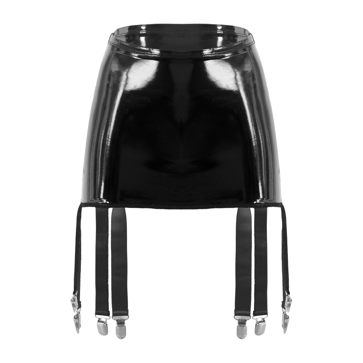Sexy Women Wetlook PVC Leather Ruffled Skirts Party Low Waist Built-in Thongs Mini Skirt with Garter Belts Metal Clips Set Club