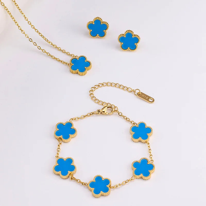 3 Piece Set Stainless Steel Bracelet Necklace Jewelry Sets Double Sided Flower Christmas Gifts Earring Gold Plated Bracelets