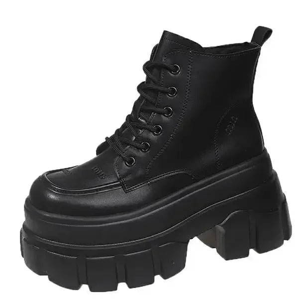 9CM Autumn High Platform Leather Boots Wedge Heels Ankle Boots Winter Women Lace-up Warm Shoes Motorcycle Chunky Sneakers Woman
