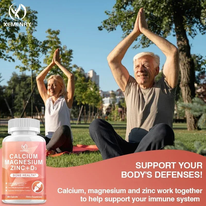 Calcium + Magnesium + Zinc + Vitamin D3 Capsules - Supports Bone and Nervous System Health and Improves Mood