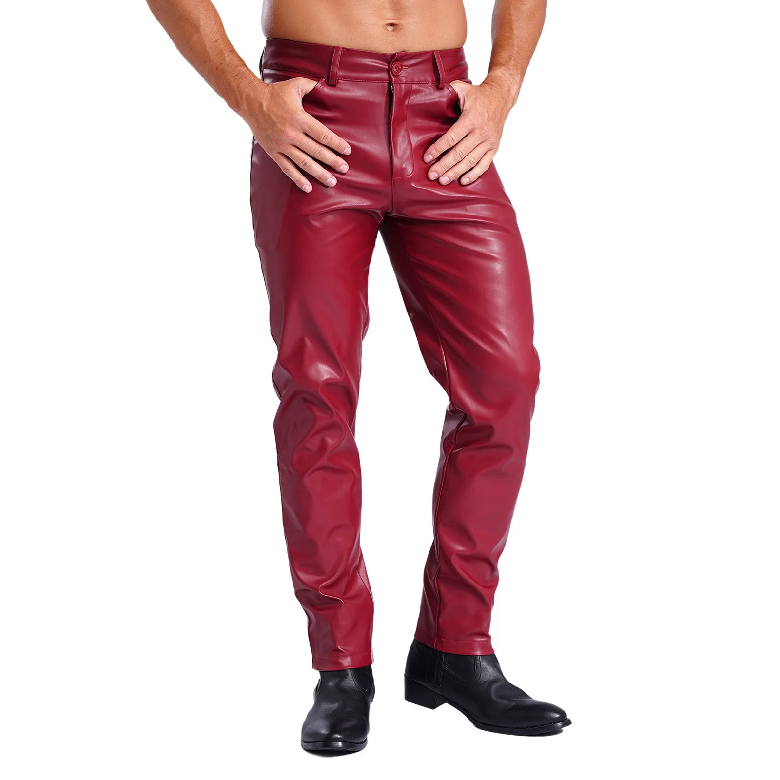 Mens Stylish Faux Leather Pants Pockets Halloween Costume Smooth Lining Straight Pants Tights Leggings Music Party Clothings