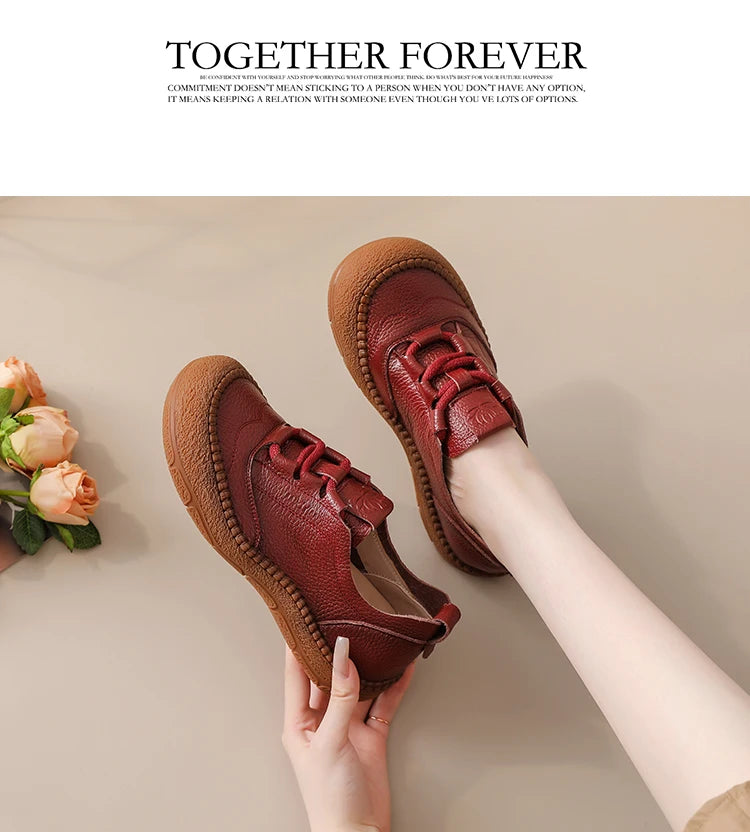 New real leather handmade shoes for women all season oxfords flats woman laced up moccasins cozy mom boat shoes round toe flats