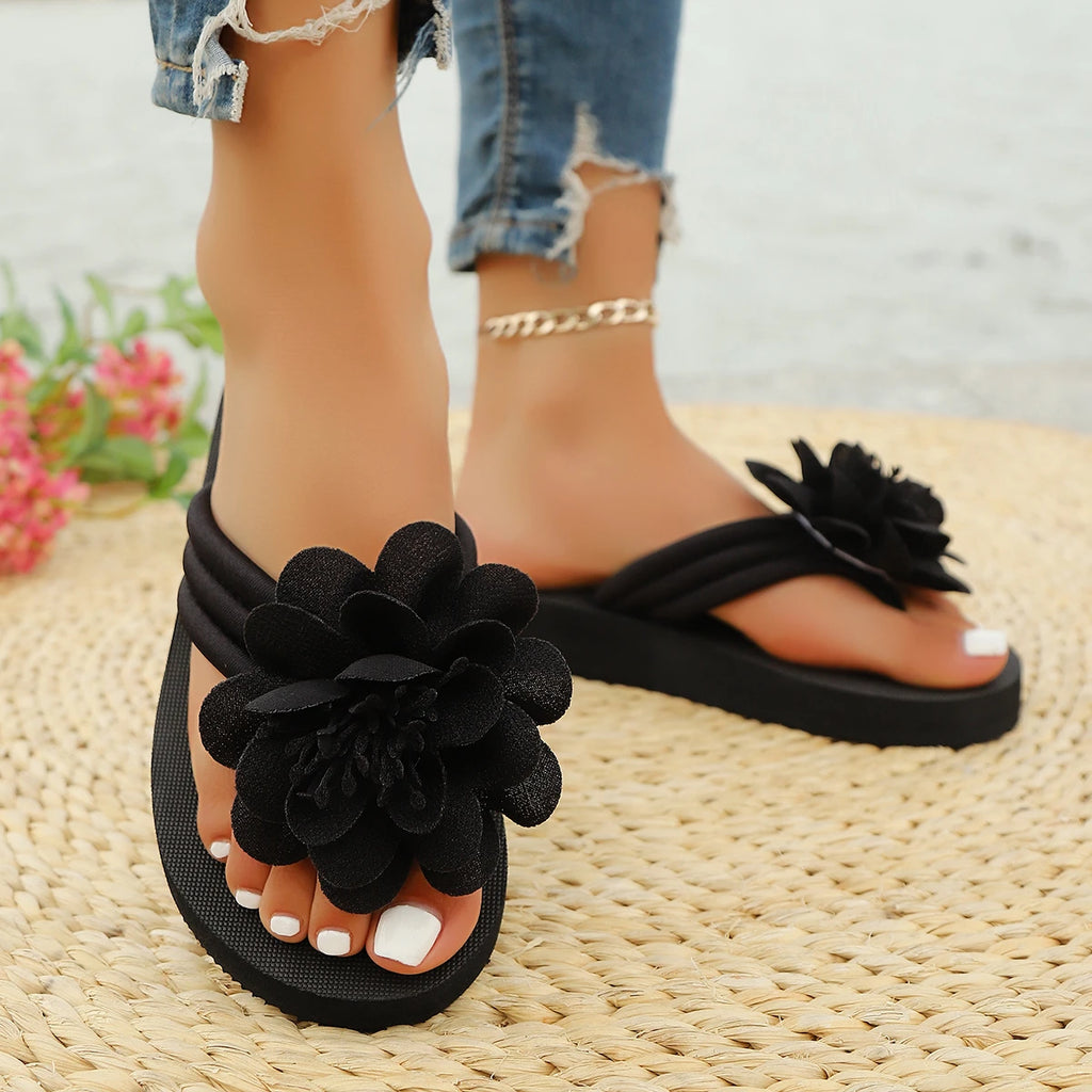 36-44 Women's Handmade Flower Decorated Flip Flops Slippers for Beach Vacation Casual Comfortable Flat Sandals Red Shoes