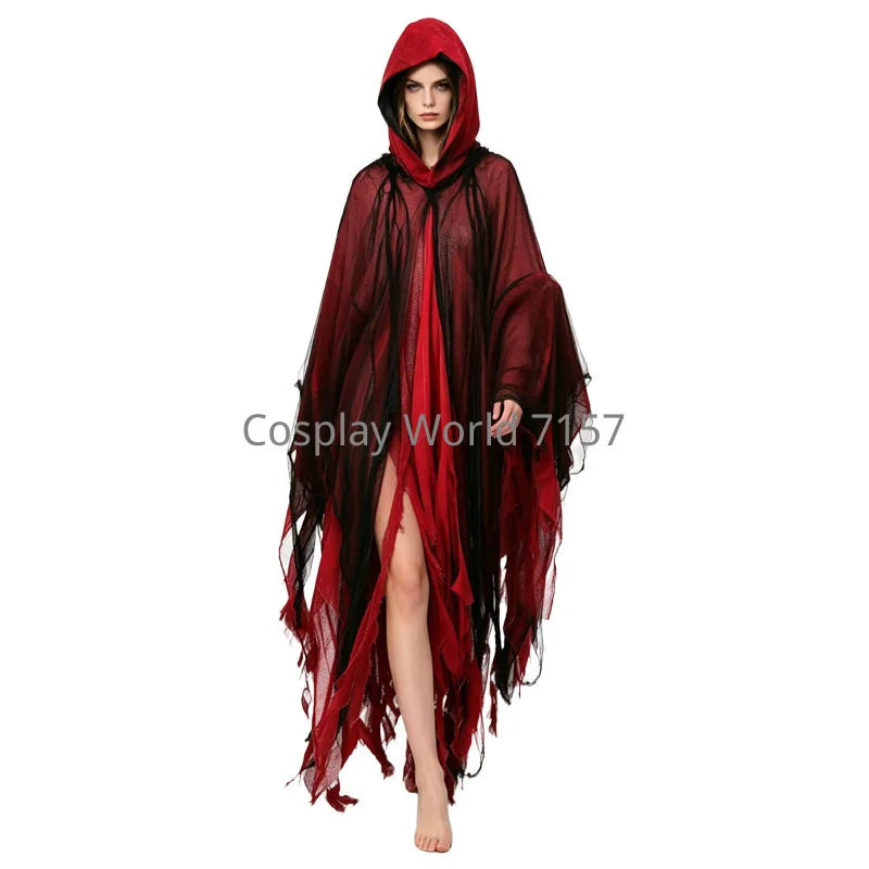 Adult Halloween Horror Reaper Costume Cloak Tattered Torn Gauze Hooded Ghost Cape, Scary Zombie Witch Wizard Robe Carnival Party