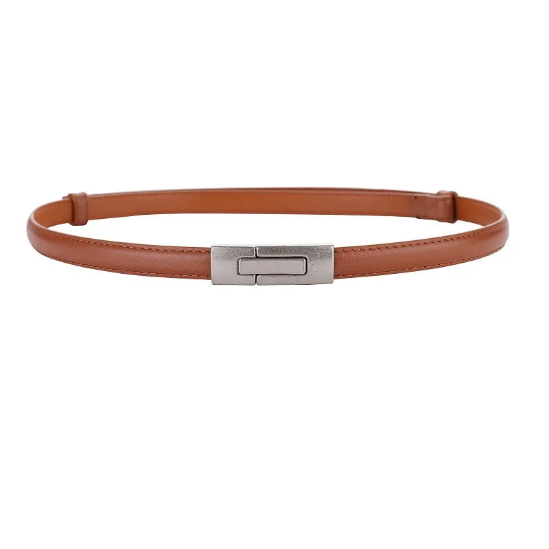 Women Skinny Genuine Leather Slim Belt Adjustable Alloy Buckle Waist Belt for Dress