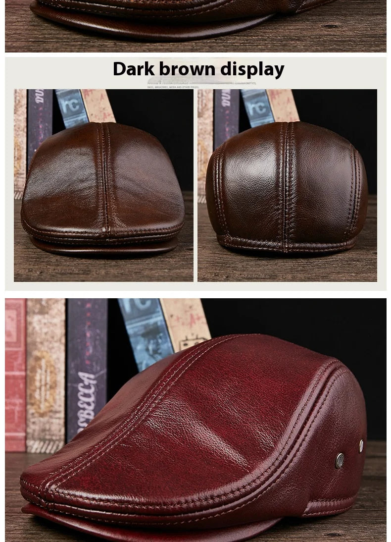 2025 Genuine Leather Beret Hat for Men Warm Windproof Winter Cap Fashion Gentleman Peaked Cap Vintage Stylish Driver Hat Gift