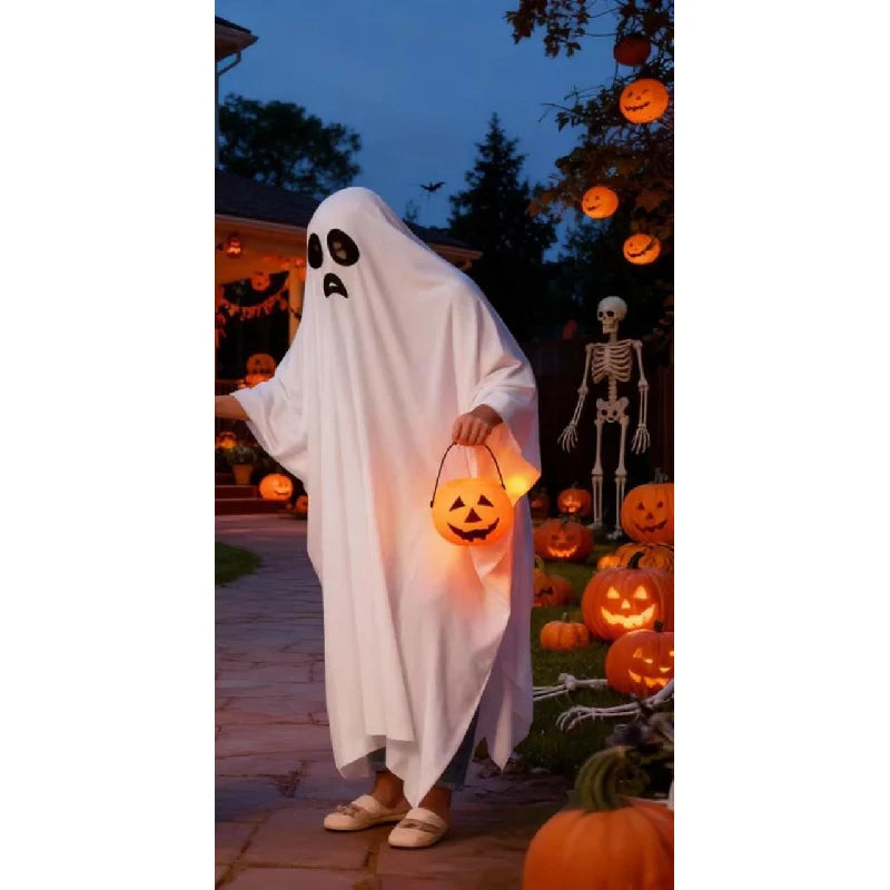 Halloween Ghost Costume Cape Cloak White Masquerade Party Cosplay Roleplay Unisex Scary Spooky Creepy Horror Fancy Dress Adult