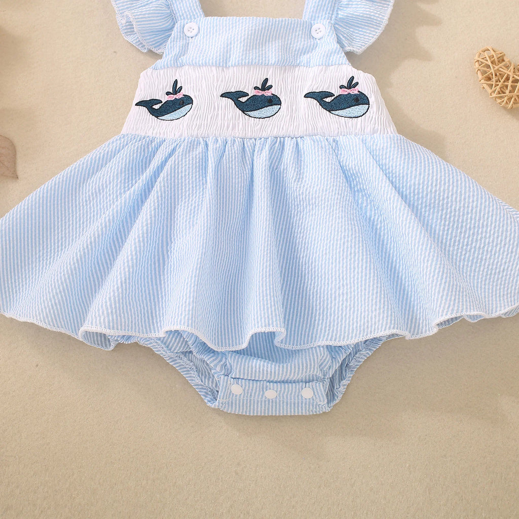 Summer female infant blue whale embroidery small flying sleeve triangular Romper casual cute