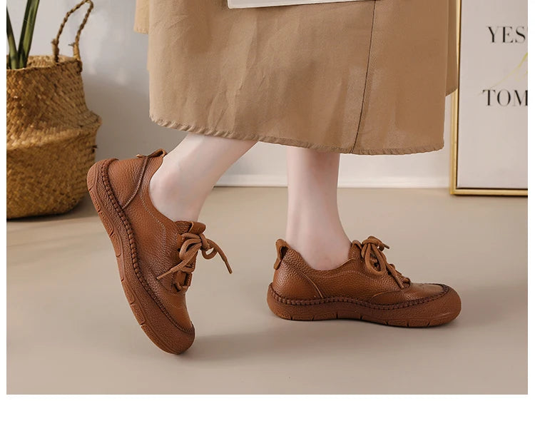 New real leather handmade shoes for women all season oxfords flats woman laced up moccasins cozy mom boat shoes round toe flats