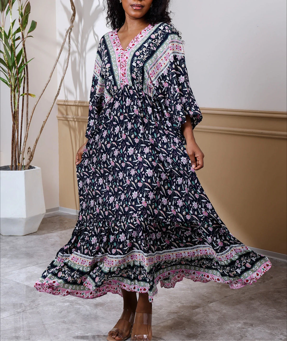 Bohemian Oversize Loose Elastic Waist Maxi Dresses Women Robe Cotton Rayon Floral Printed Long Dress Summer Boho Beach Cover up