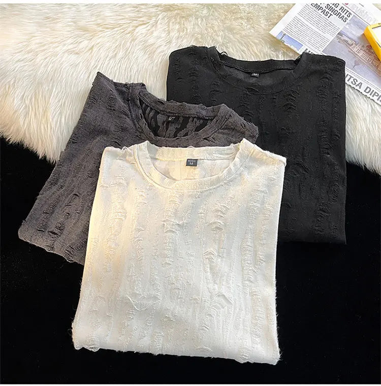 Ripped T-shirts Men Hole Y2k Tops Streetwear Summer O-neck Clothing Hip Hop Fashion Teens American Retro Vintage Футболки Baggy