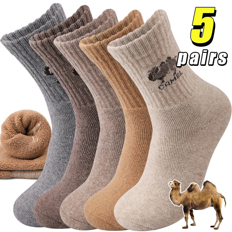 5Pairs Winter Men's Wool Socks Thick Thermal Animal Sports Socks Outdoor Hiking Cycling Soft Casual Mid Tube Snow Socks
