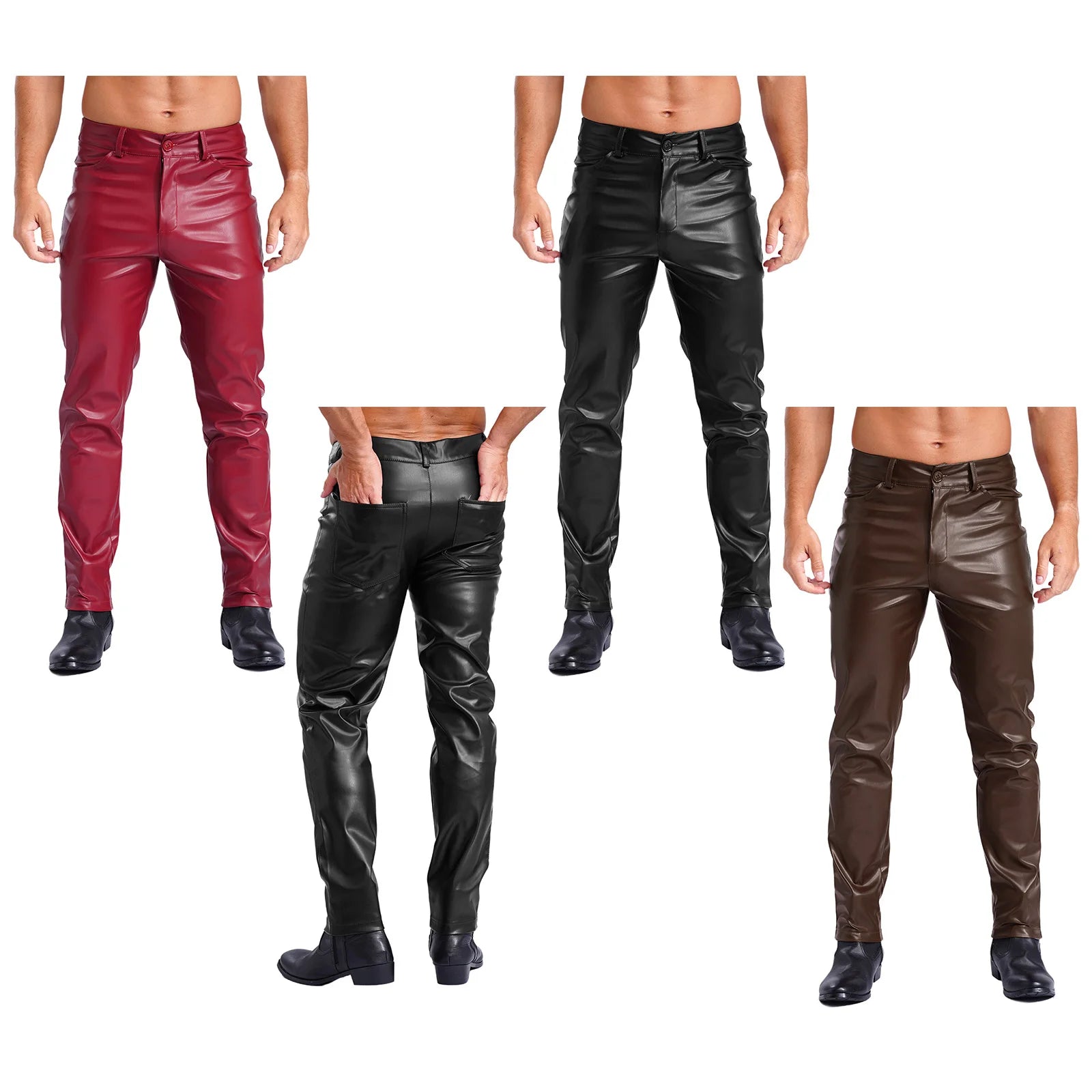 Mens Stylish Faux Leather Pants Pockets Halloween Costume Smooth Lining Straight Pants Tights Leggings Music Party Clothings