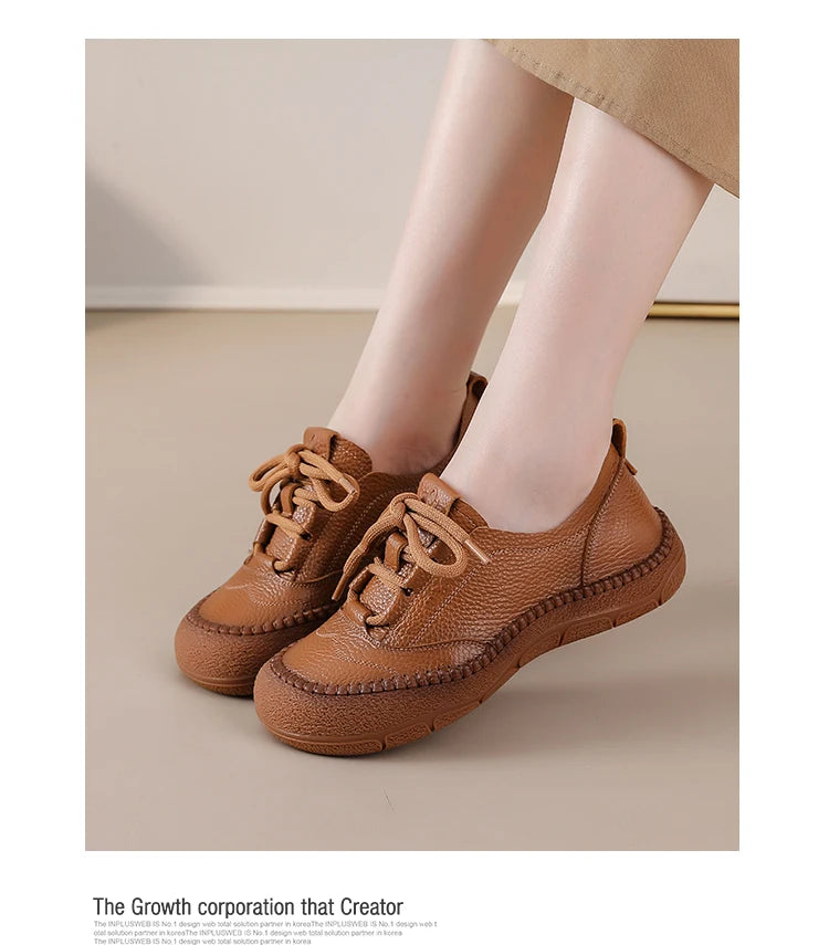 New real leather handmade shoes for women all season oxfords flats woman laced up moccasins cozy mom boat shoes round toe flats