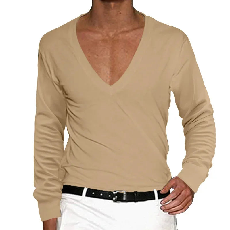 2025 Men's T-Shirt Summer Shirts Low Cut Deep V Neck Comfortable Shirt Tops Men's Long Sleeve Casual Pullover Sexy Slim Fit Tees
