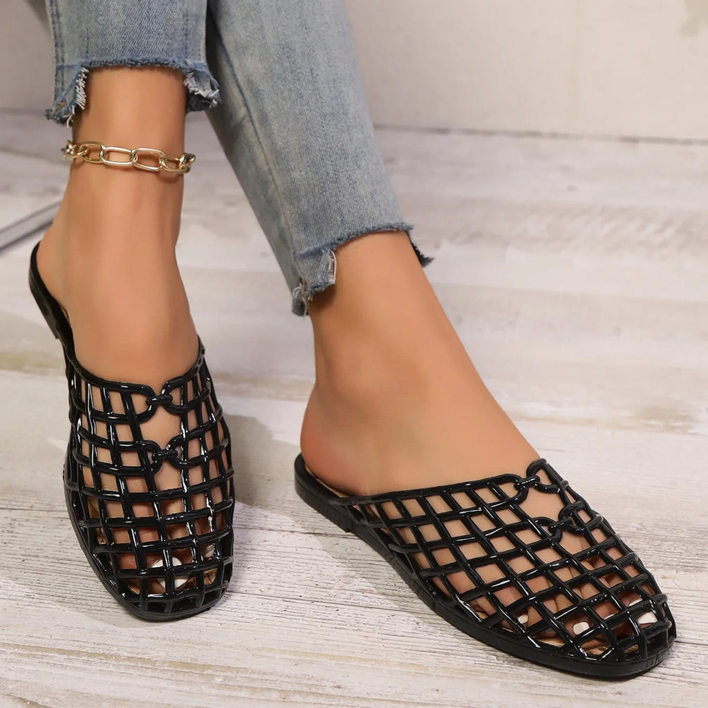 Women's Shoes 2025 Summer New Mesh Woven Hollowed-out Breathable Head Slippers for Women's Toe Wedge Sandals Zapatos De Mujer