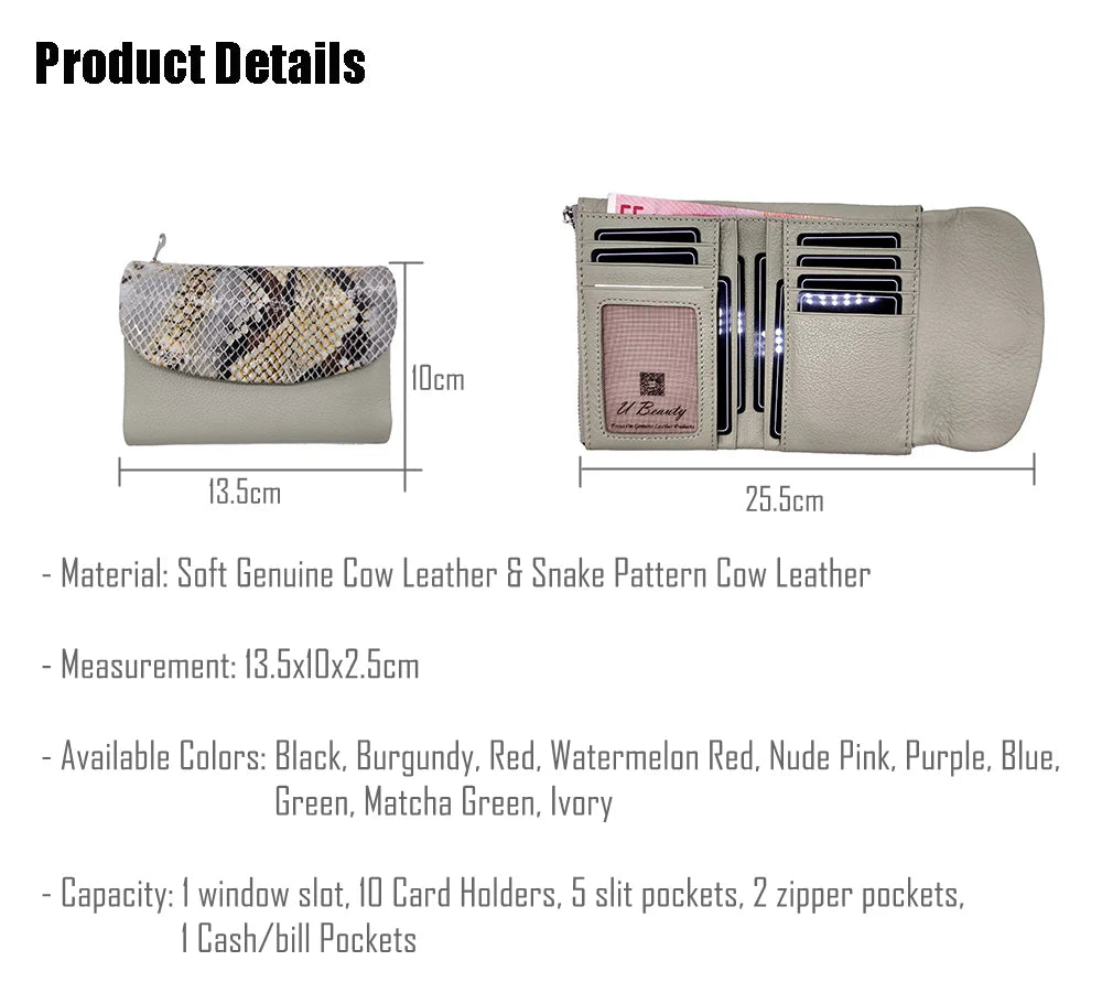 New 10 Colors Snake Pattern Cow Leather Short Wallet Women Fashion Python Genuine Cowhide Tri-fold Card Holder Purse Ladies