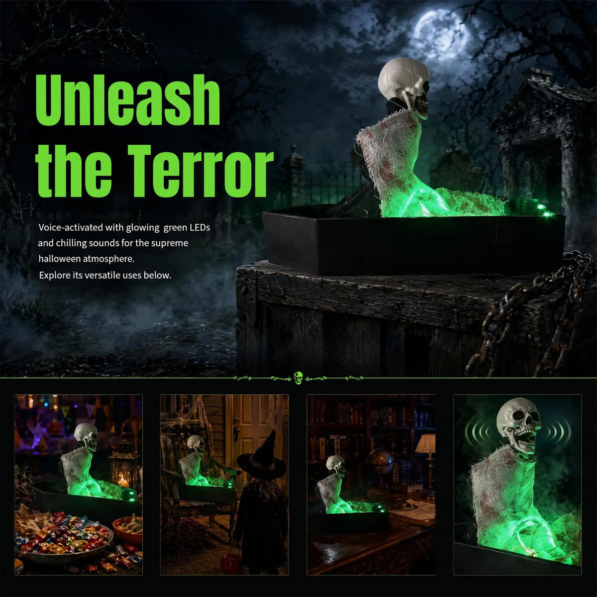 Halloween Sound Activated Animated Skeleton Coffin Decor Realistic Skeleton Green LED Lights Scary Sounds for Home Party Prank