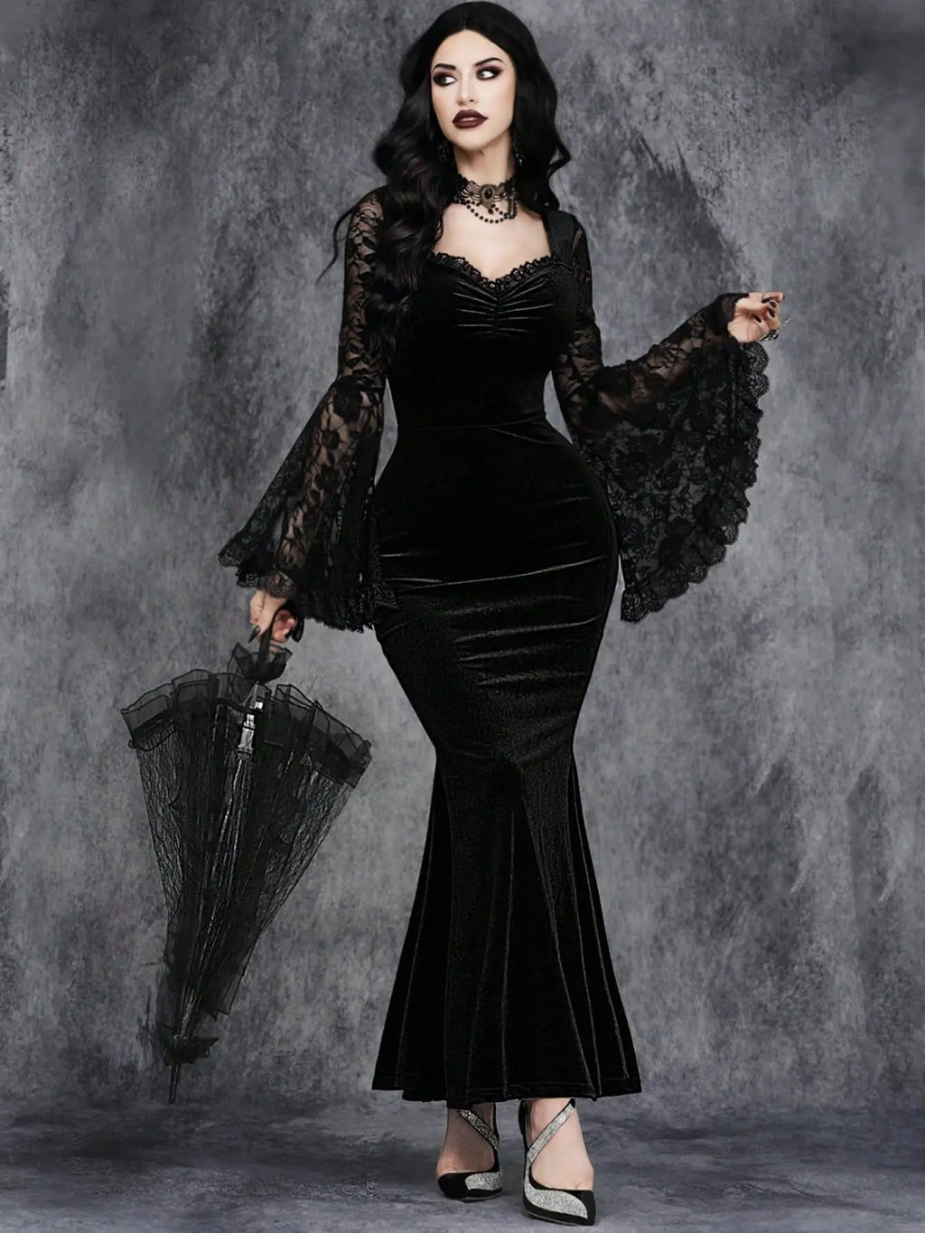 Halloween Gothic Vintage Dress Women Elagnt Lace Patchwork See Through Flare Sleeve High Waist Clubwear Slim Long Dresses Femme