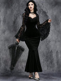 Halloween Gothic Vintage Dress Women Elagnt Lace Patchwork See Through Flare Sleeve High Waist Clubwear Slim Long Dresses Femme