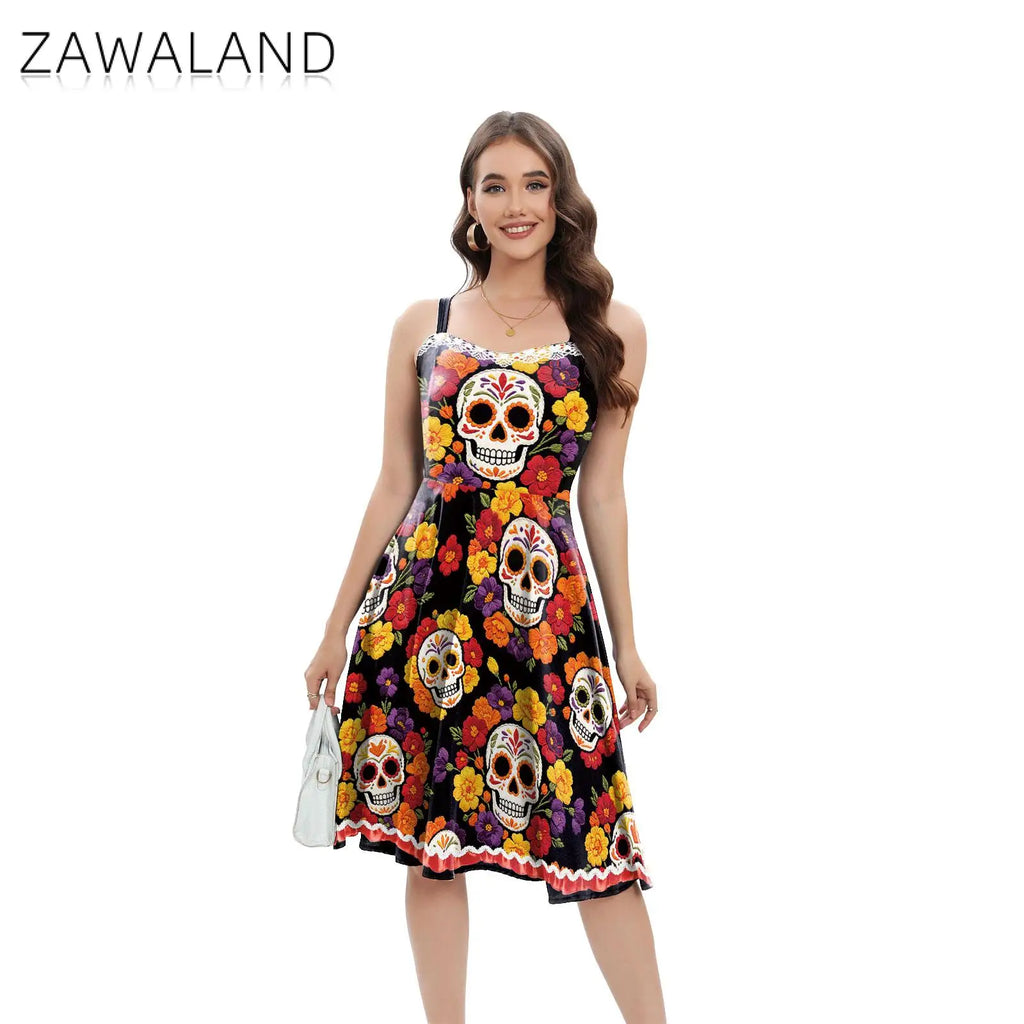 Halloween Dia De Los Muertos Floral Skull Dress Sugar Skull Print Dresses Mexican Festival Bar Night Group Cosplay Dress Up