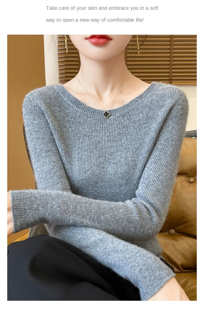 Early Fall New Crew-Neck Sweater Elegant High Elastic Simple Solid Color Thin Knit Crew-Neck Sweater Long Sleeve-GH458