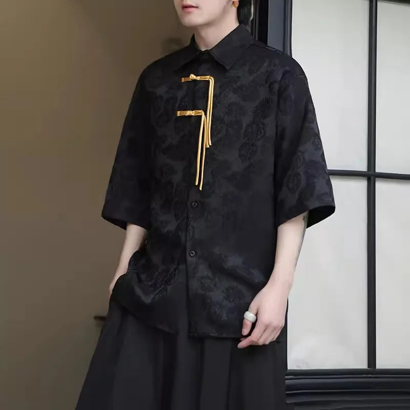 2024 Men Chinese Style Shirt Mens Tang Dress Hanfu Half-Sleeve Shirt Male Printing Kung Fu Outfit Loose Casual Tops