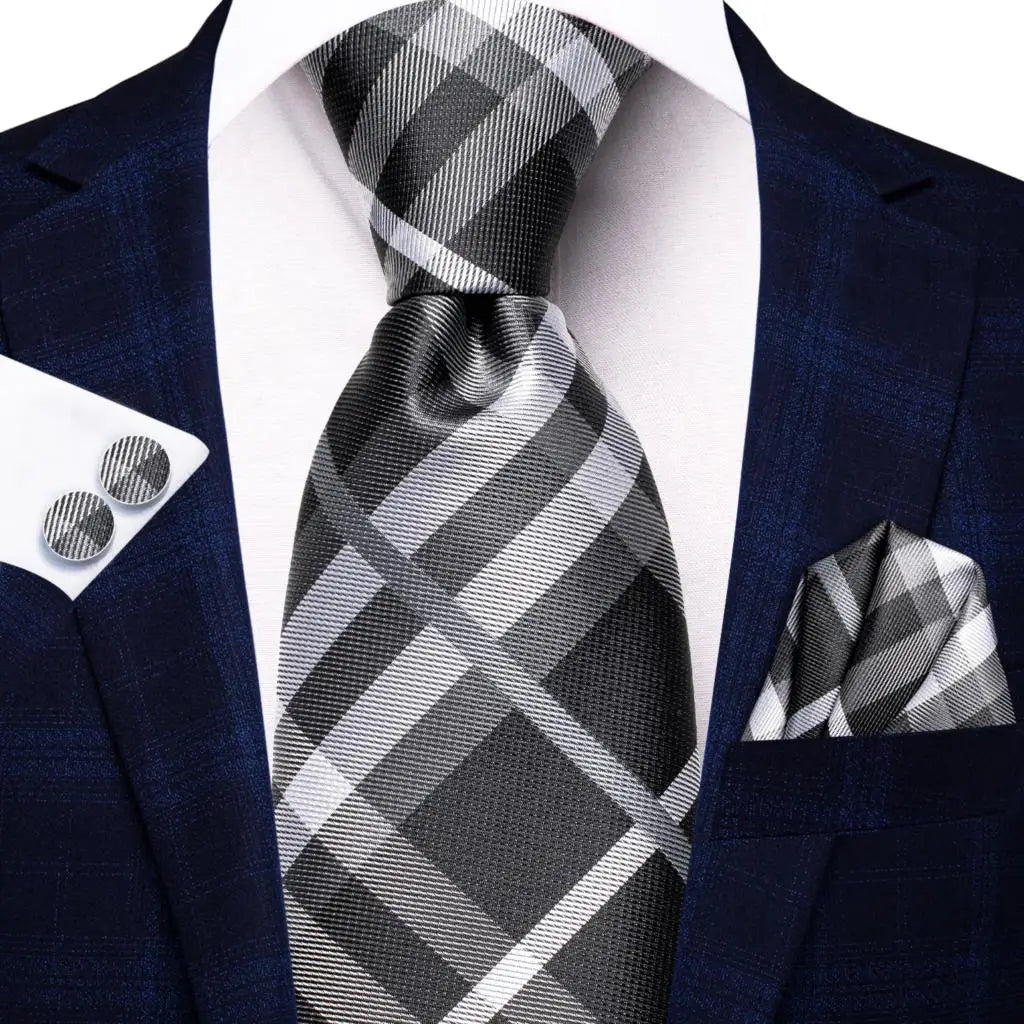 Hi-Tie White Grey Paisley 2026 New Mens Tie Hanky Cufflink Set Necktie For Men Wedding Party Business Men Tie Fashion Brand