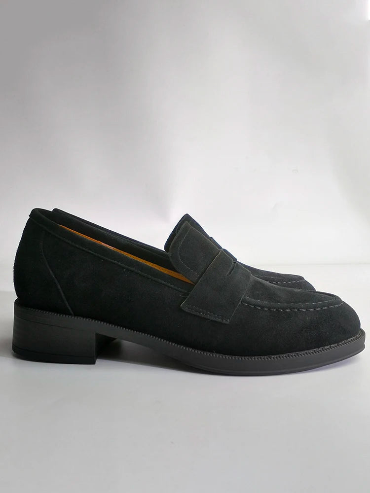 2025 NEW Trend Women Loafers Natural Suede Spring Autumn Ladies Low Block Heels Elegant Round Toe Black Brown Splicing Loafers