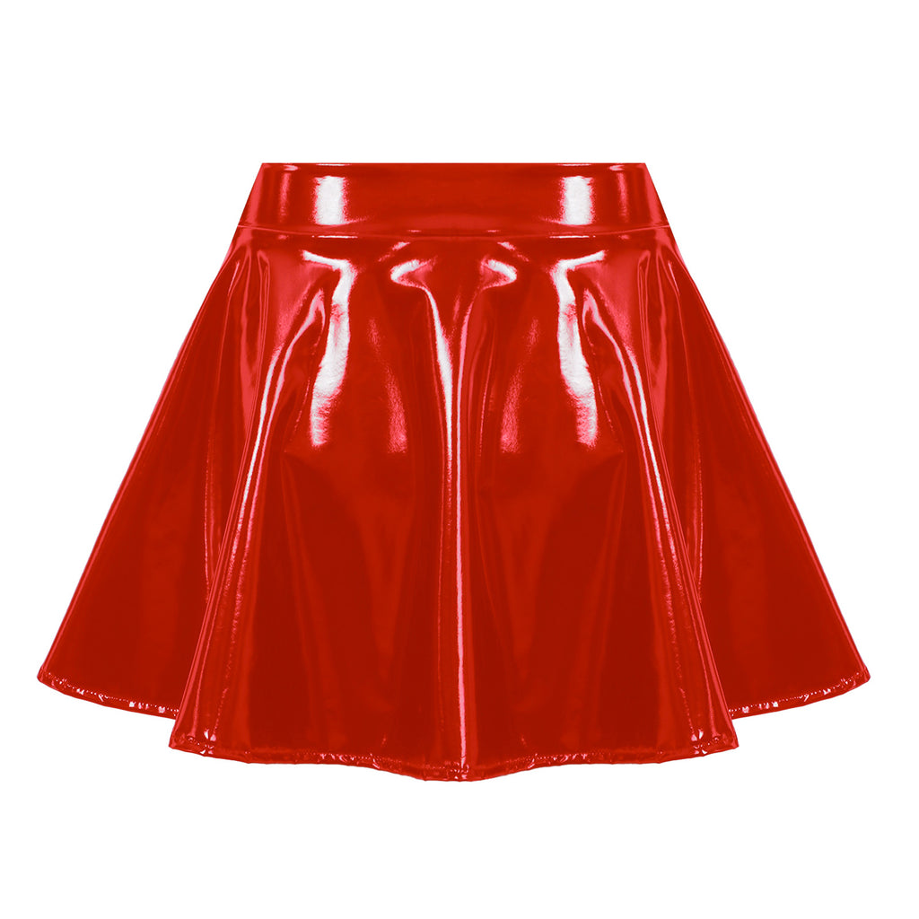 Sexy Women Wetlook PVC Leather Ruffled Skirts Party Low Waist Built-in Thongs Mini Skirt with Garter Belts Metal Clips Set Club
