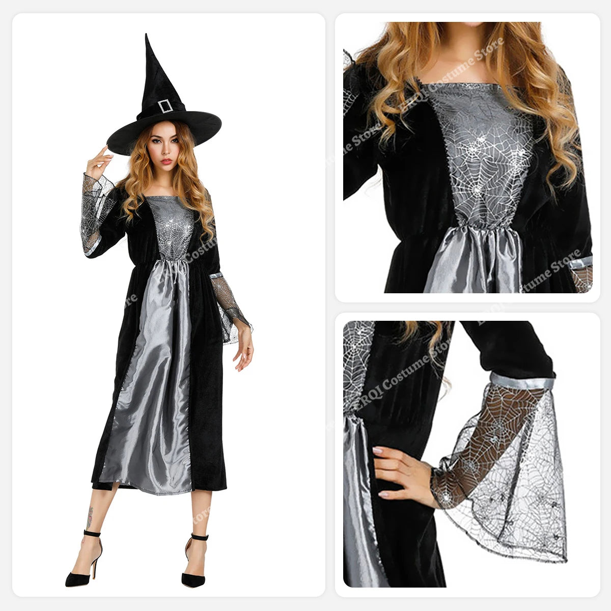 Halloween Dresses for women Witch Costume Sorceress Dress Lace Sleeves Spider Witch Dress Magic Hat Purple Gray Orange green
