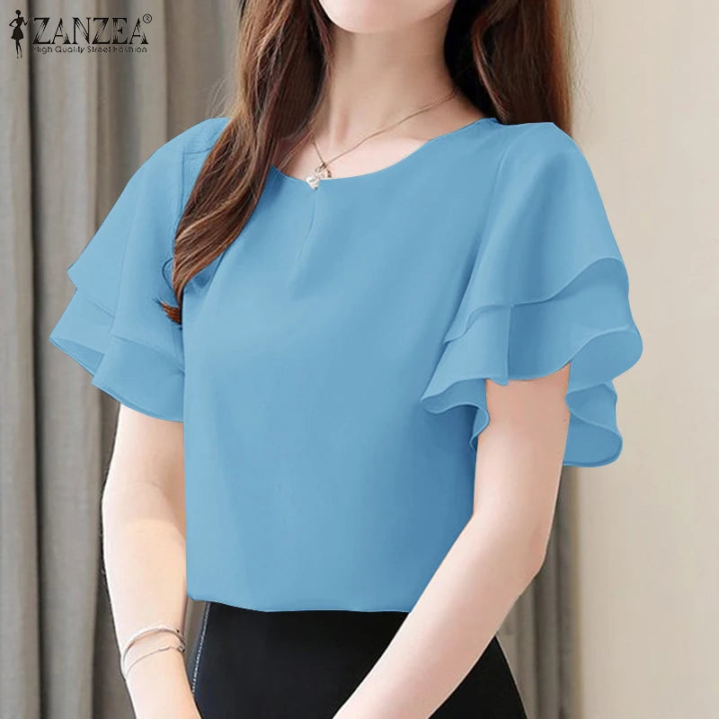 Elegant Women Short Sleeve Office Shirt ZANZEA Summer Blouse Fashion Solid OL Work Tops O Neck Blusas Tunic Ruffles Chemise