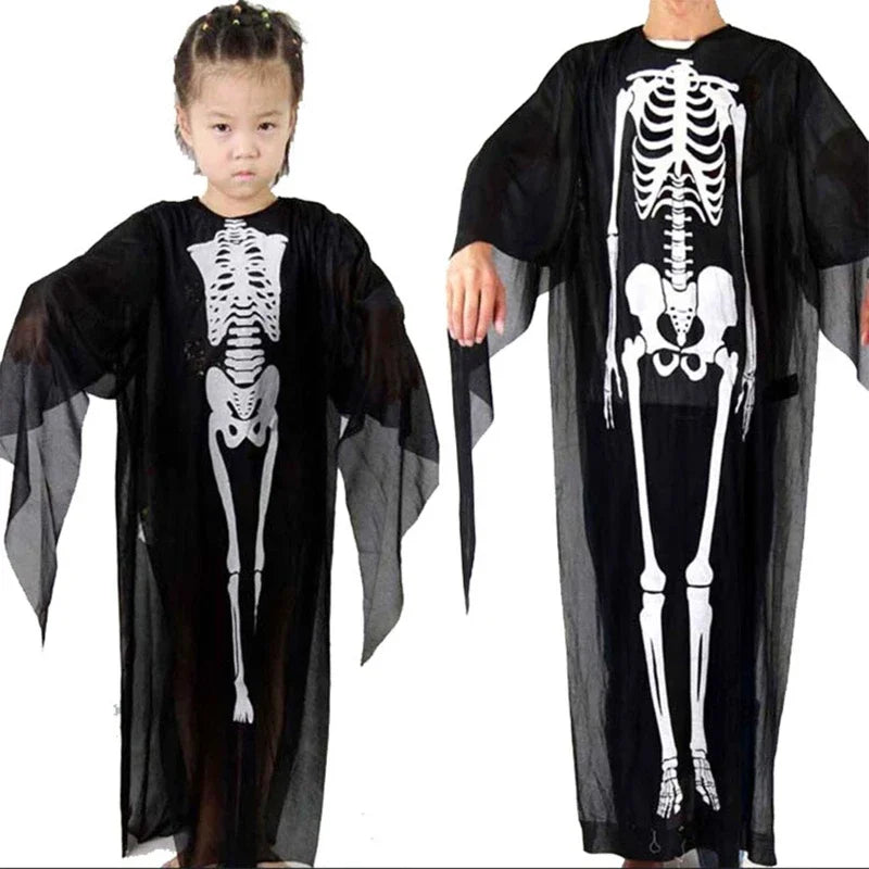 Halloween Adults Kids Cosplay Robes Skeleton Printed Masquerade Scary Costumes Cloak Carnival Party Clothes Stage Wear