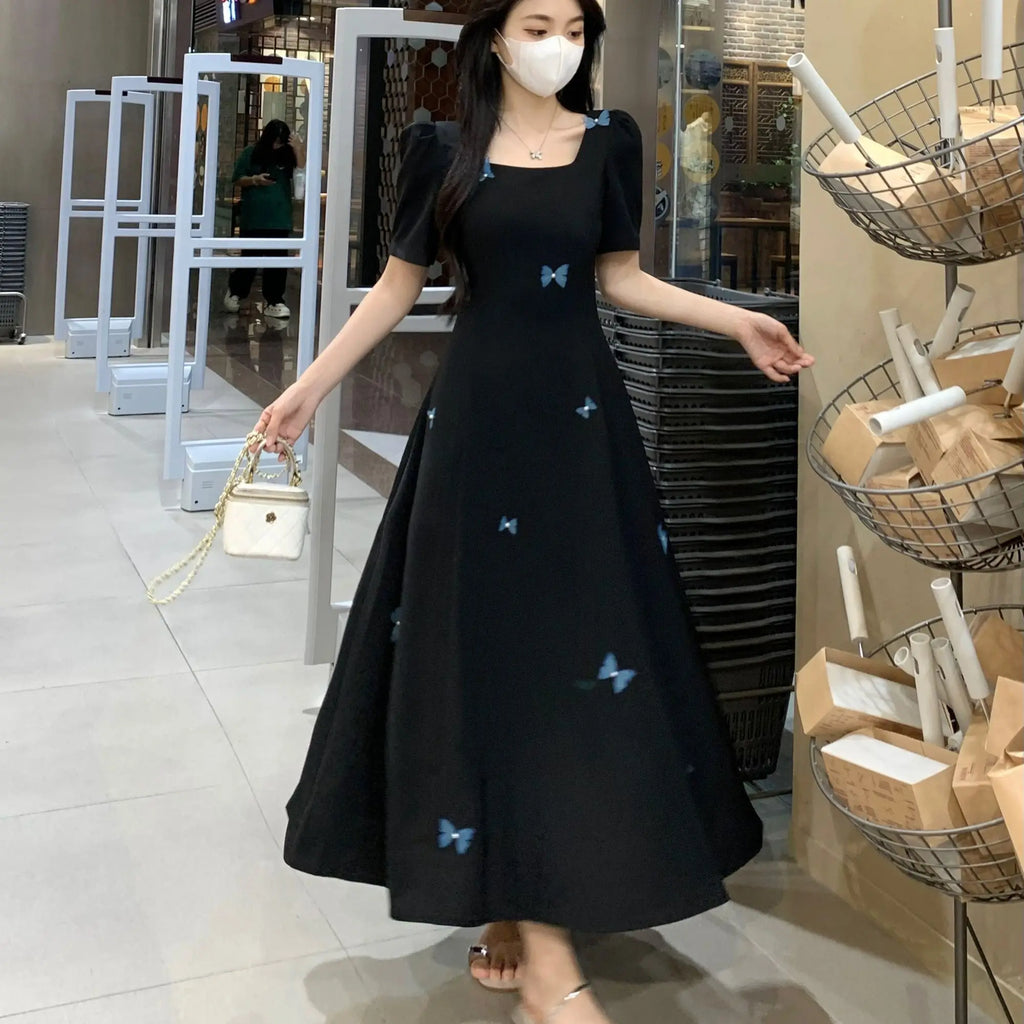 Square-neck Elegant Little Black Dress for Women New Summer French Versatile Style