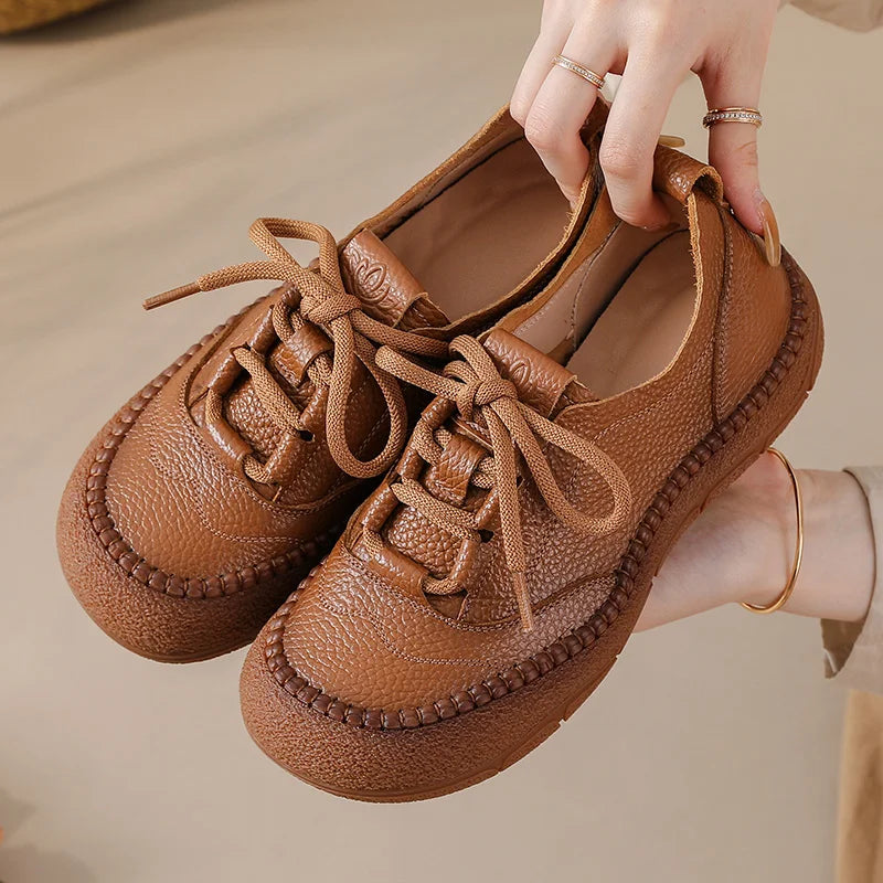 New real leather handmade shoes for women all season oxfords flats woman laced up moccasins cozy mom boat shoes round toe flats