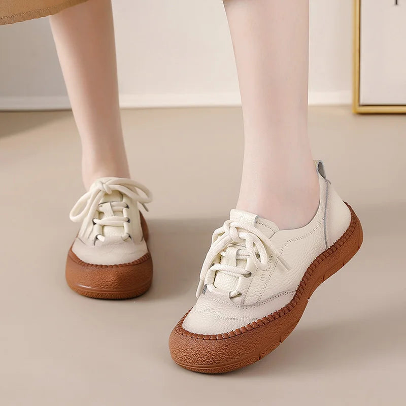 New real leather handmade shoes for women all season oxfords flats woman laced up moccasins cozy mom boat shoes round toe flats
