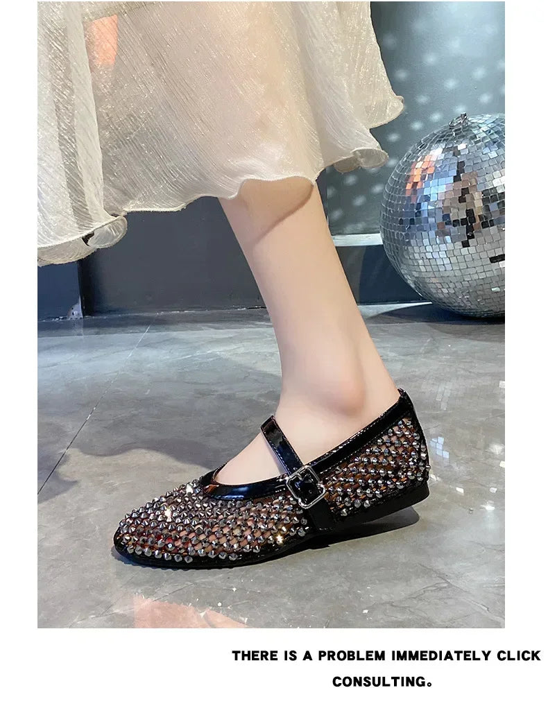 Luxury Crystal Rhinestone Fishnet Ballet Flats Woman Brand Design Rivet Mesh Mary Jane Shoes Ladies Summer Loafers Plus Size 42