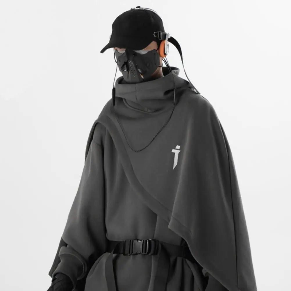 Unisex Hoodie Fake Two-piece Cape Poncho Irregular Medieval Vintage Hooded Loose Black Cloak Coats Gothic Mens Halloween Cosplay