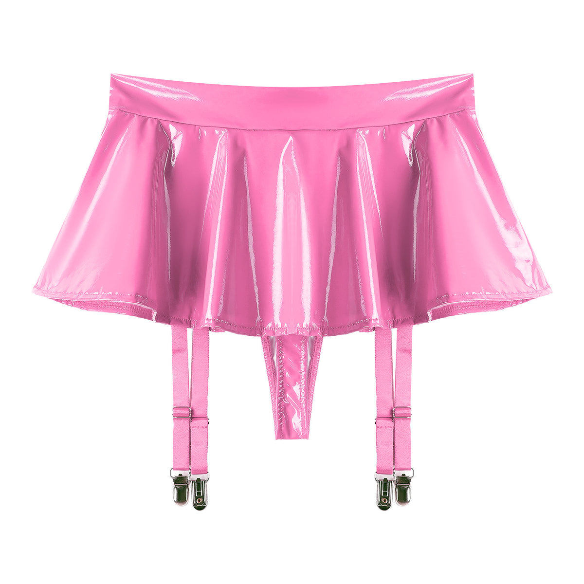 Sexy Women Wetlook PVC Leather Ruffled Skirts Party Low Waist Built-in Thongs Mini Skirt with Garter Belts Metal Clips Set Club