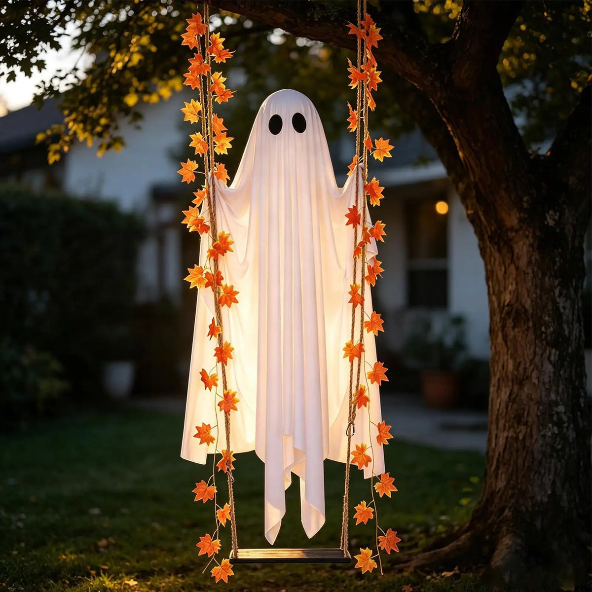 Halloween Swing Ghost Decoration Outdoor Hanging Ghost With LED String Lights Cute Large Ghost Swing Ornament For Garden Yard
