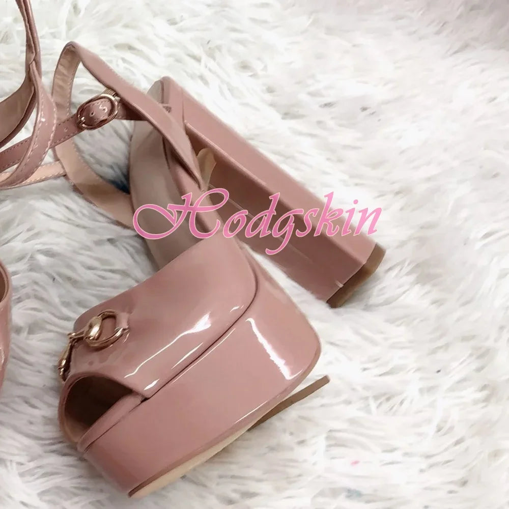Peep Toe Platform Patent Sandals Chunky High Heels Solid Ankle Buckles Strap Design Women Shoes Super Heel Big Size Party Sandal
