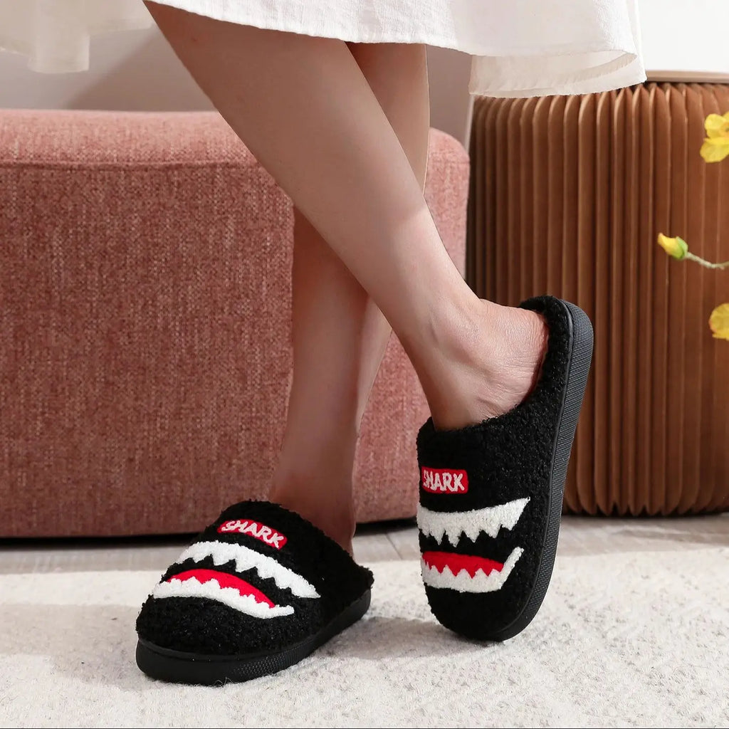 Shark Pattern Embroidery stuffed Home Platform Cozy Fur Slippers Black Warm Non-slip Indoor Slippers Couple Men Women Wearable casual Slippers